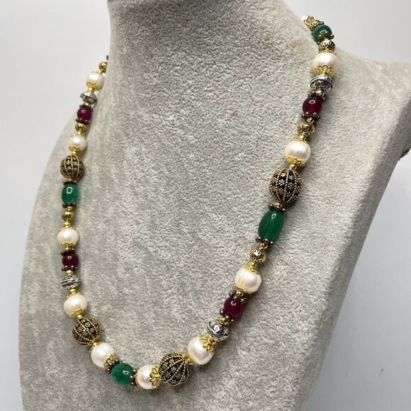 Stunning Green Red Gemstone Freshwater Pearl Beaded Necklace Gold Plated 23" - Picture 3 of 9